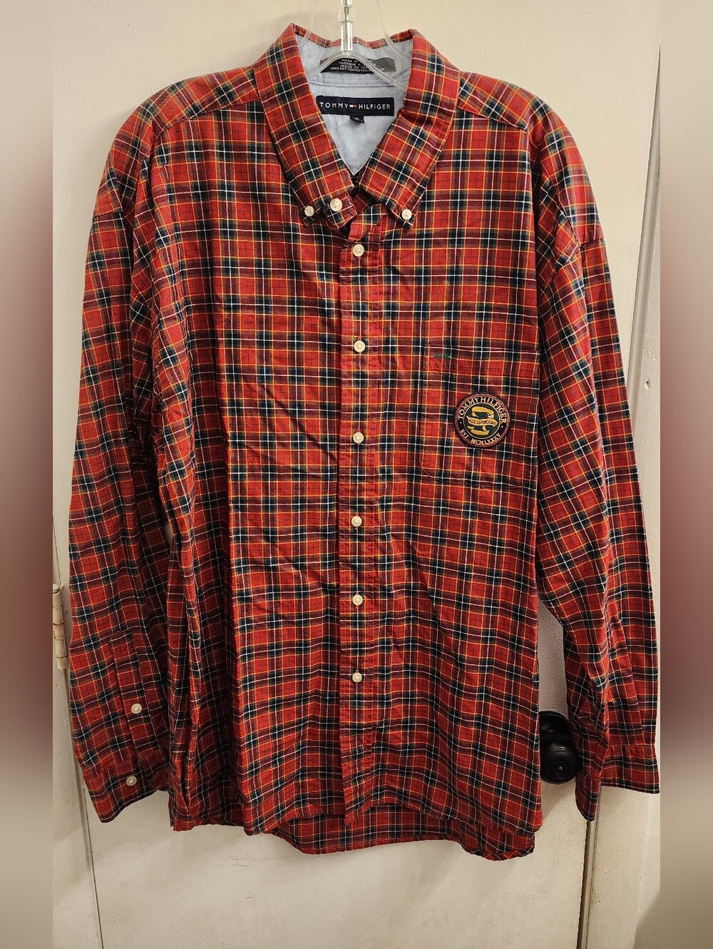 Vintage 90s Tommy Hilfiger Red Plaid Button-Down Shirt with Patch